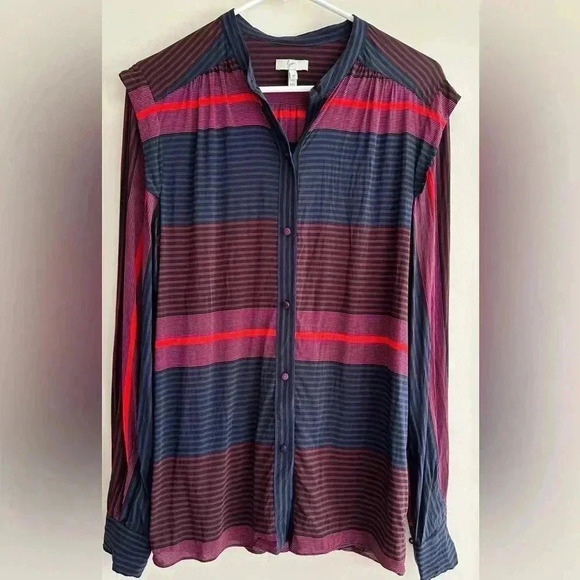 Joie Striped Button Down Shirt, Navy Blue/Black/Red/Magenta, Size Medium - Picture 12 of 16